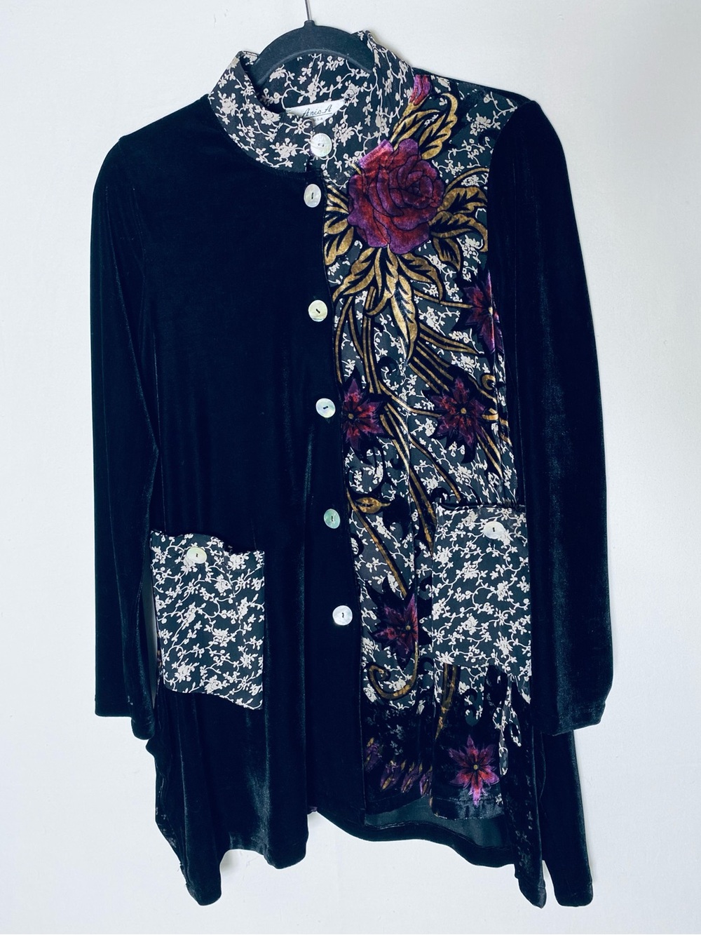 Vintage Anis.A Black White Purple Silk Velvet Light Jacket Blouse S Whimsigoth
